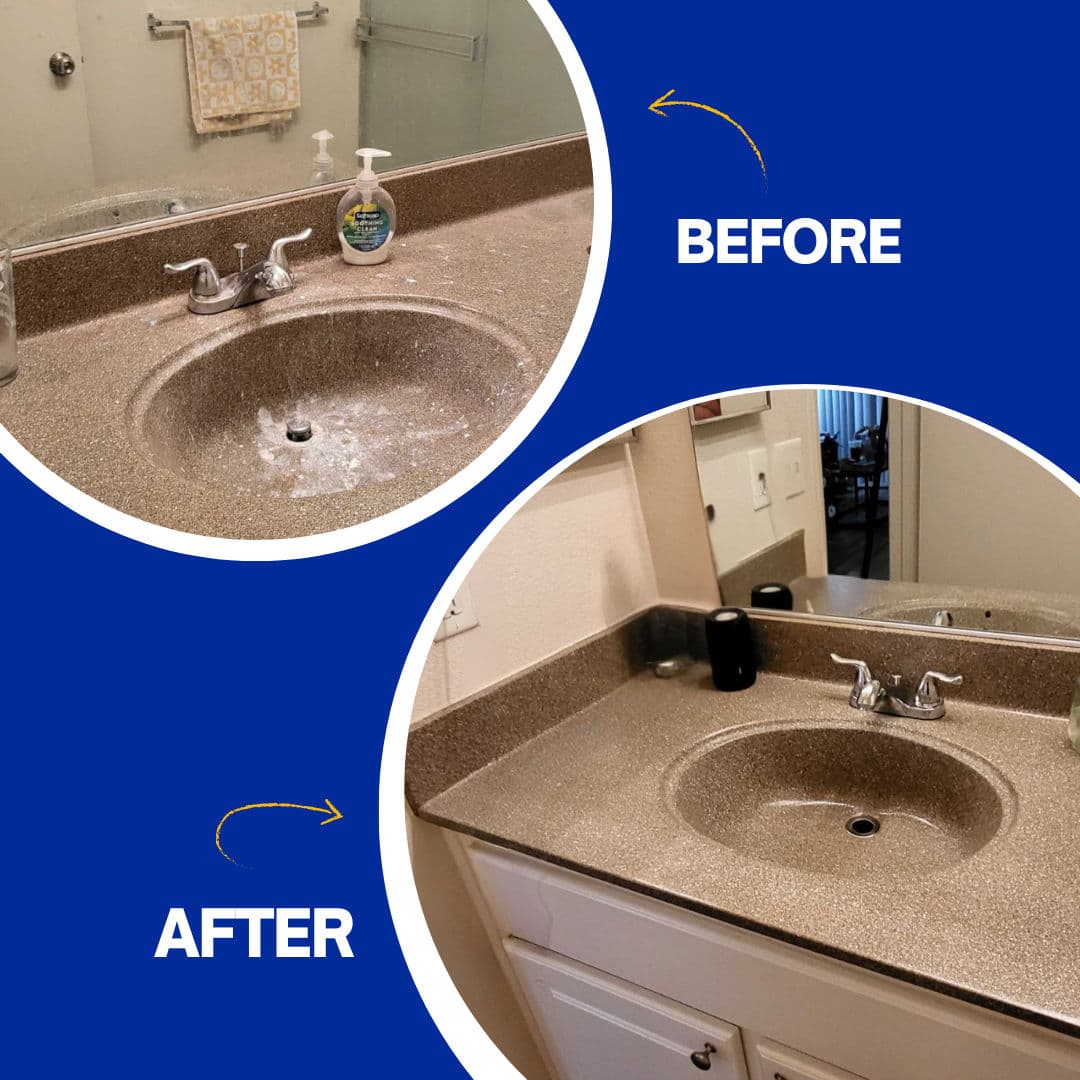 Before and after comparison of a bathroom countertop cleaning, showcasing improved shine and cleanliness.