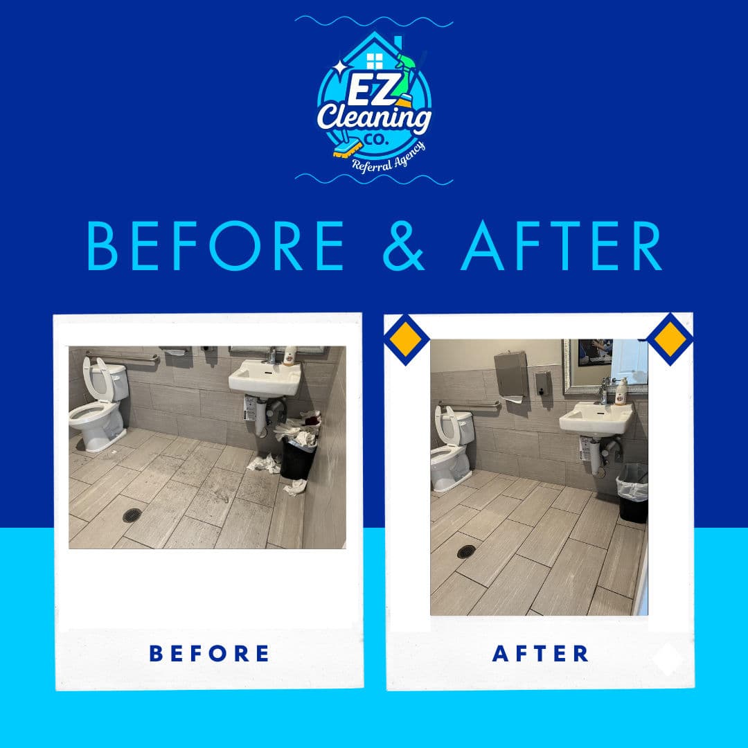 Before and after images showcasing a cleaned bathroom by EZ Cleaning Co.